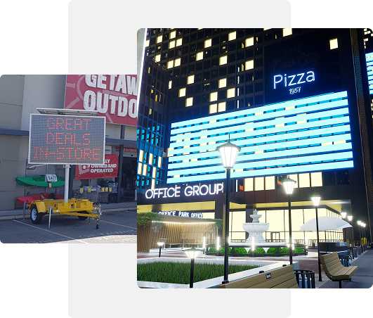 Digital LED sign boards displaying promotional messages for businesses